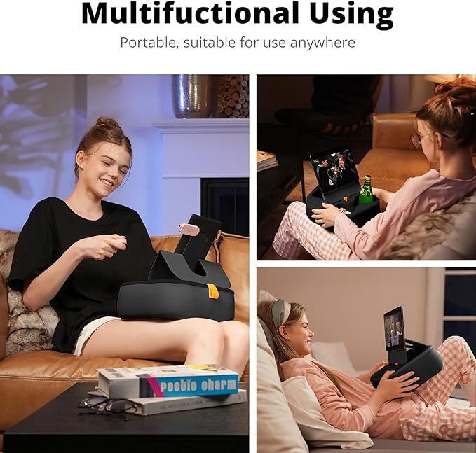 Magnetic Tablet Pillow Stand, Lap Tablet Holder with Two Magnetic Rings, Compatible with 4-13" Phones, Tablets, Kindle, Cozy Pillow Stand for Lap, Desk, Bed, Black