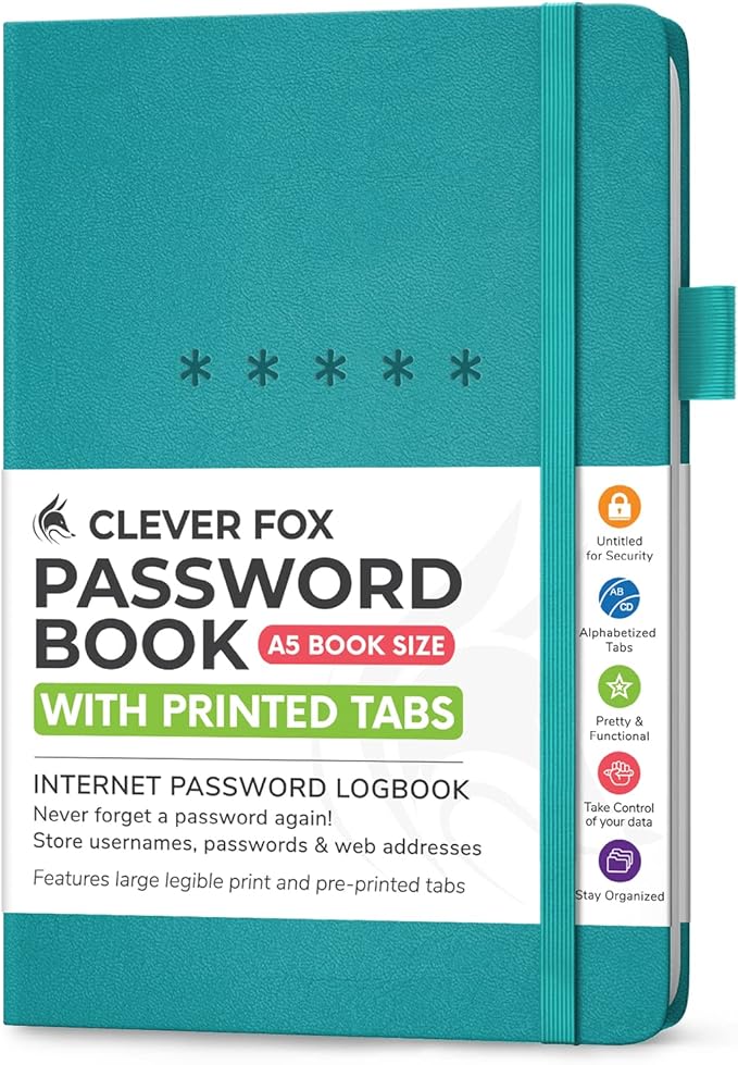 Clever Fox Password Book – Alphabetized Internet Address & Password Organizer – Computer & Website Password Keeper Notebook – Log-In Password Journal - Medium, A5, 8.3x5.8″, Hardcover (Turquoise)