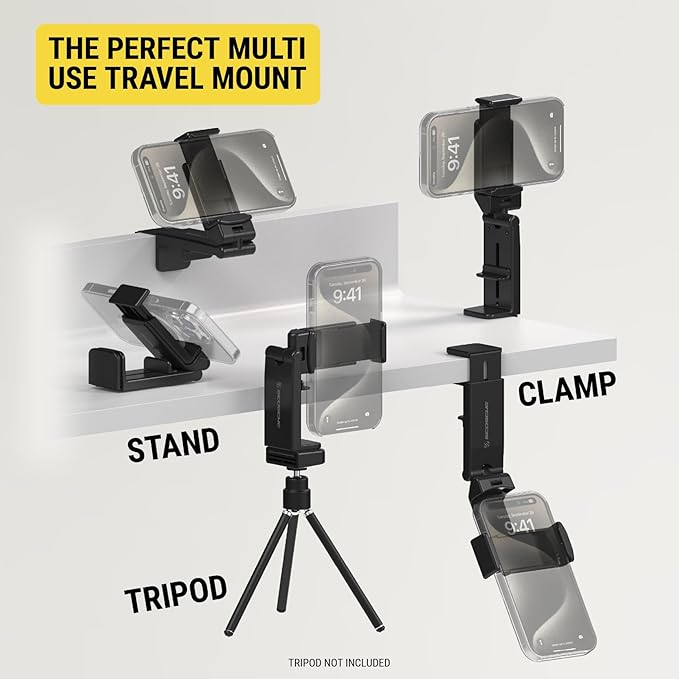 Scosche SUHTRVL-1 Airplane Travel Essentials Plane Phone Holder Mount for Long Flight, Foldable Cell Phone Stand for Desk, Seat Back, Tray Table or Tripod Compatible with Apple iPhone, Samsung Galaxy