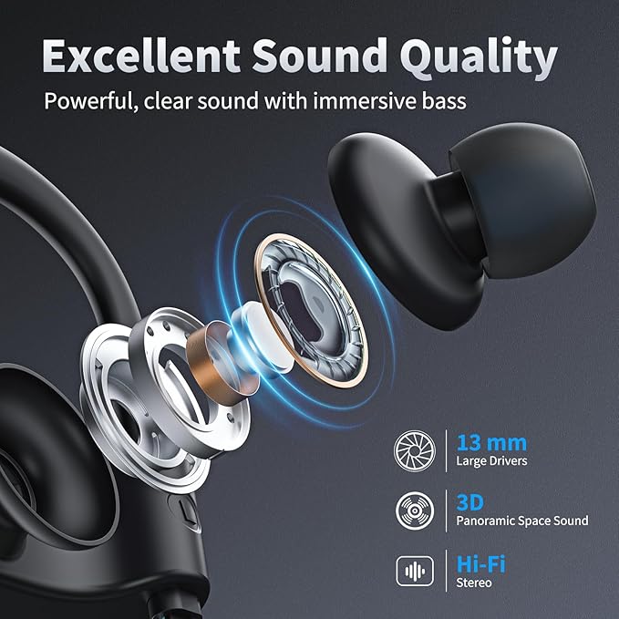 JOYWISE Wireless Headphones Bluetooth 5.3 Headphones with 16 Hours Playtime, Over-Ear Stereo Bass Earphones with Earhooks Headset, Sports Earbuds with Storage Bag for Running, Blue