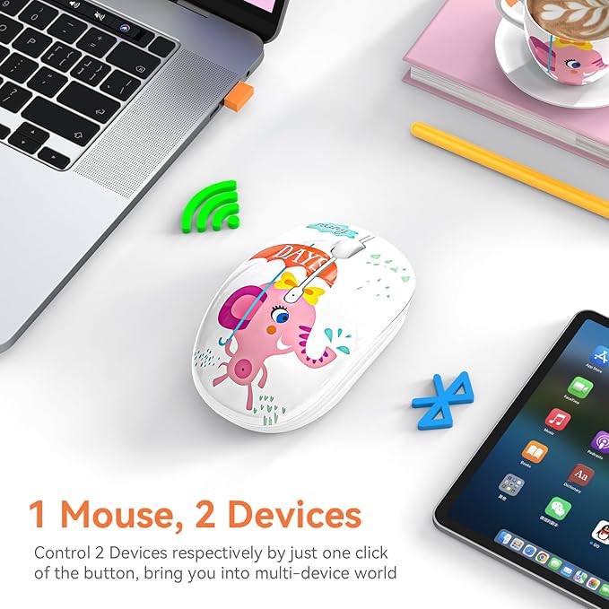 Cute Wireless Mouse Dual Mode with 2.4GHz USB Receiver and Bluetooth Connection for Laptop, iPad, Mac, AA Battery Silent Cartoon Cordless Mice for Kids and Students (Pink Elephant)