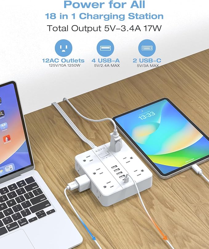 10FT Surge Protector Power Strip,12 AC Outlets with 6 USB Ports (2 USB-C), Flat Plug Extension Cord with Multiple Outlets, Wall Mount for Home Office,Dorm,White