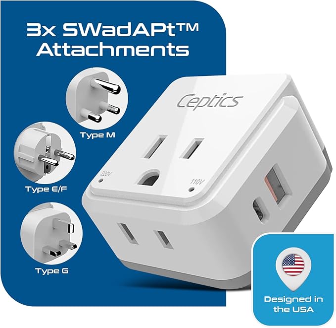 Ceptics South Africa Power Adapter Travel Set - 20W PD & QC, Fast & Safe with Dual USB & USB-C - 2 USA Outlet - Use All Over Africa, Zimbabwe, Morocco - Includes Type E/F, M, G SWadAPt Attachments