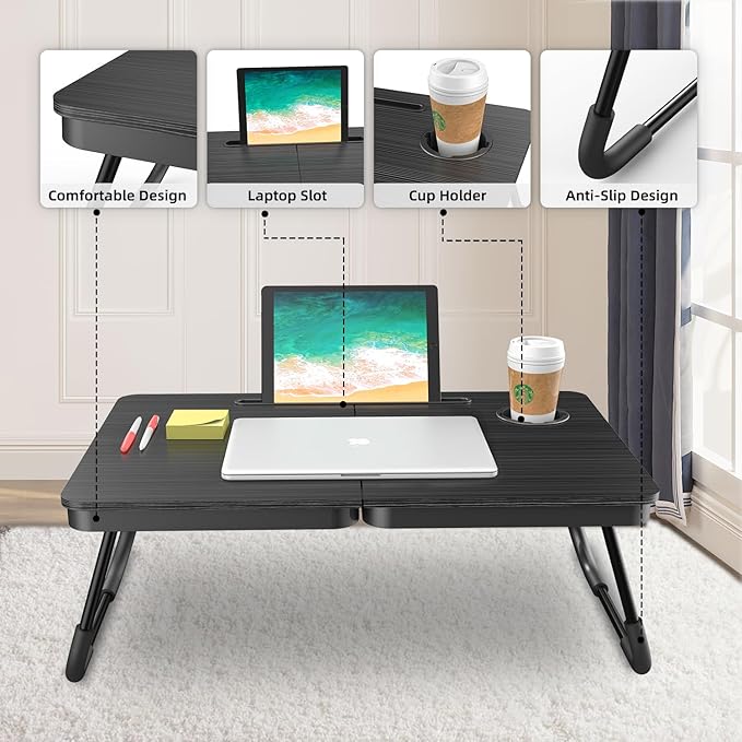 BUYIFY Portable Foldable Laptop Desk for Bed and Couch, Adjustable Lap Desk with Cup Holder and Phone Holder, Ideal for Working, Reading, Writing, and Breakfast (Black)