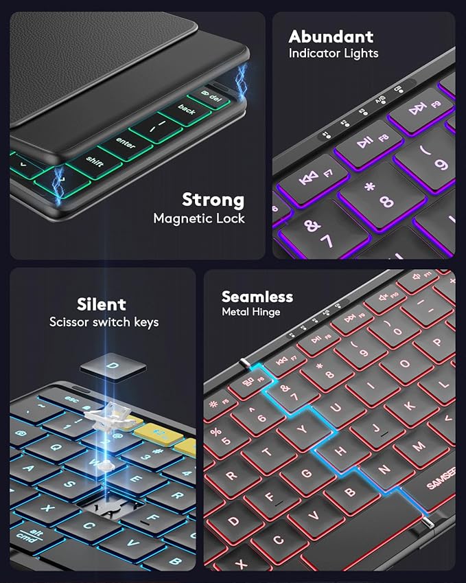 Samsers Full-Size Foldable Bluetooth Keyboard, KF08X Wireless Folding Keyboard with Backlight, Portable Travel Keyboards for iPhone iPad Smartphone Tablet Laptop, Android Windows Mac OS - Black