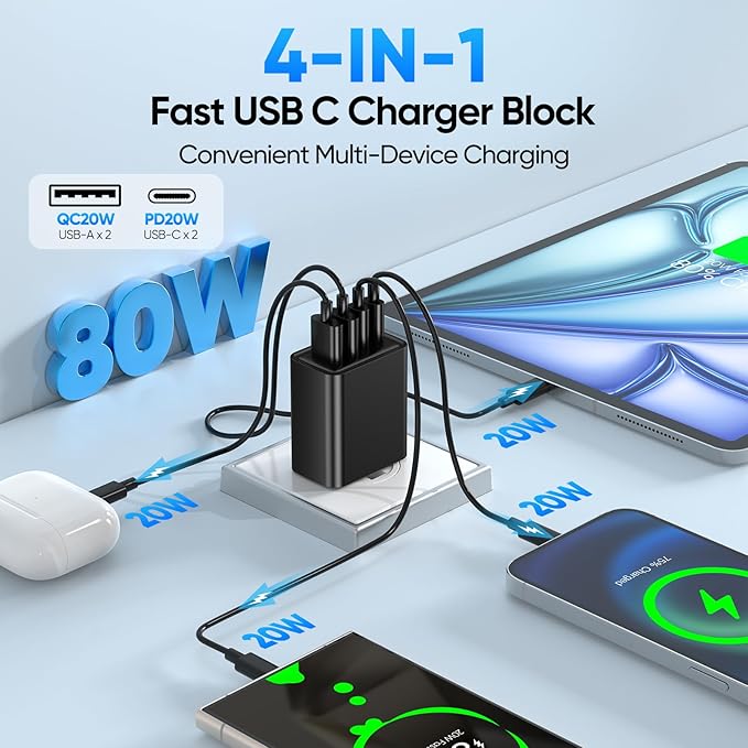 [2-Pack] USB C Wall Charger,80W 4-Port Type C Fast Charging Block,USBC Multiport Wall Plug PD&QC GaN Charging Cube with USB C Cable for iPhone 17/16/15/14/13/12/11/Pro Max/XS/XR, iPad, Samsung（Black