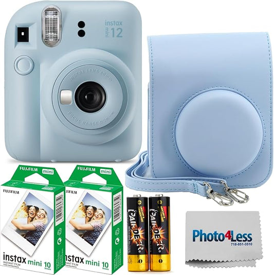 Fujifilm Instax Mini 12 Instant Film Camera Pastel Blue, Fujifilm Instax Mini Twin Pack Instant Film 20 Prints, Protective Case, Gift Bundle