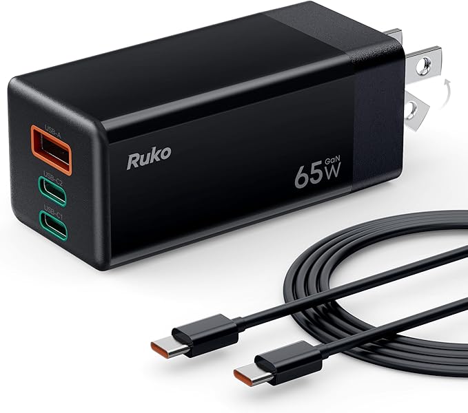 Ruko 65W USB C Charger, 3 Port Compact Foldable GaN Fast Charging Block Wall Charger for MacBook, Galaxy, Dell, Note, iPhone, iPad, Pixel and More (4ft USB-C Cable Included)