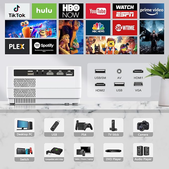 Native 1080P Projector with WiFi and Two-Way Bluetooth, Full HD Movie Projector for Outdoor Movies, 300" Display Projector 4k Home Theater, Compatible with iOS/Android/PC/XBox/PS4/TV Stick/HDMI/USB