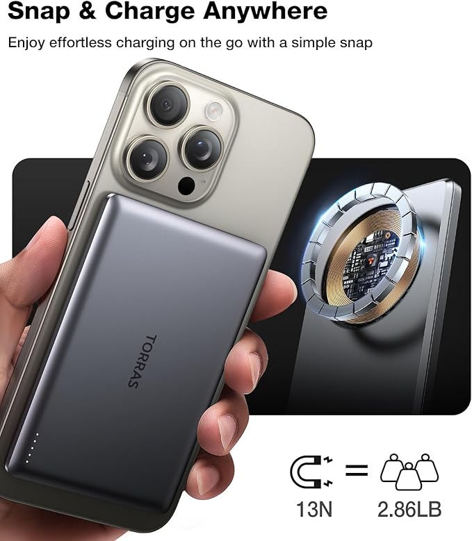 TORRAS MiniMag Power Bank, Ultra Slim 5,000mAh Wireless Portable Charger with USB-C Cable, Fast Charging iPhone Air Mag-safe Battery Pack, Compatible for iPhone 17 Pro Max/16/15/14/13/12, Glacier Gray
