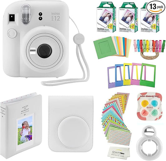 Fujifilm Instax Mini 12 Instant Camera + 60 Photo Prints + Accessories, Case, Decoration Stickers, Frames, Photo Album (Clay White)