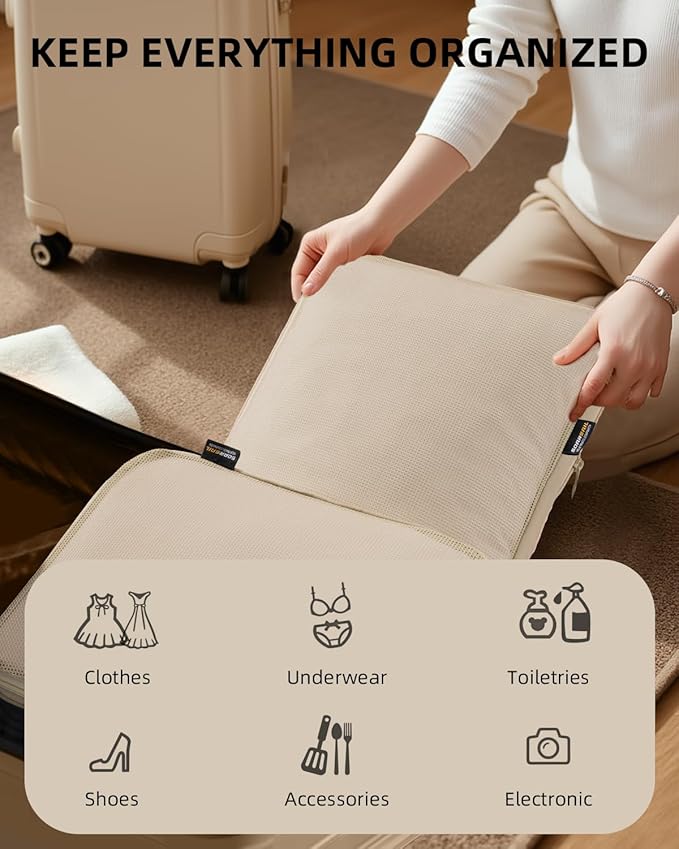 6 Set Compression Packing Cubes, Suitcase Storage Bags for Clothes and Travel Essentials (Classic Khaki)