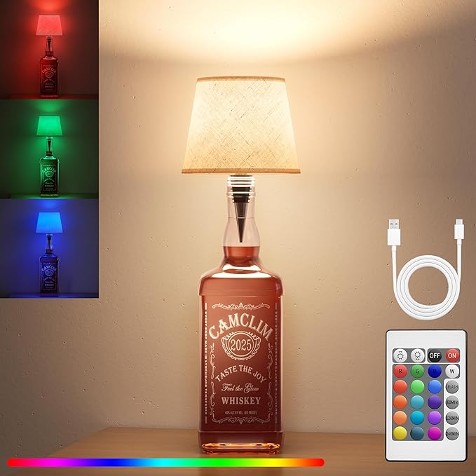 Wireless Wine Bottle Lamp Shade: Liquor Bottle Stopper Light with Remote Control Dimmable Cordless Portable Rechargeable Led Battery Operated Whiskey Bottle Lampshade for Bedside Bar Bedroom Decor