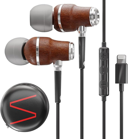 Symphonized iPhone Earphones Wired Deep Bass Sound, 3D Sound, Microphone Volume Control, 90% Noise Cancelling, Bubinga Wooden with Lightning (Apple MFI Certified), iPhone SE to 14 Earbuds (Black)