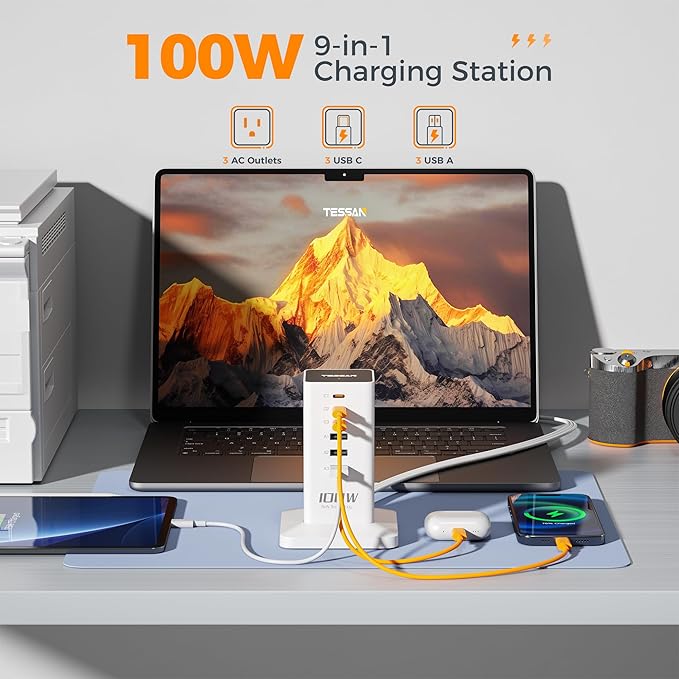 Charging Station PD 100W, TESSAN 9-in-1 USB C Power Strip for iPhone 16/15, MacBook, Tablet, Desktop Phone Fast Charger with 3 AC, 3 USB-A Ports, Home Drom Office Accessories, White