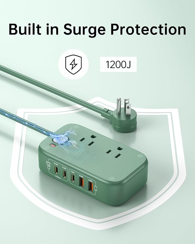 USB C Charging Station,65W USB C Power Strip Surge Protection 1200J, 5FT Flat Extension Cord Desktop USB Charging Hub for Multiple Devices (Pearl Green, 65w)