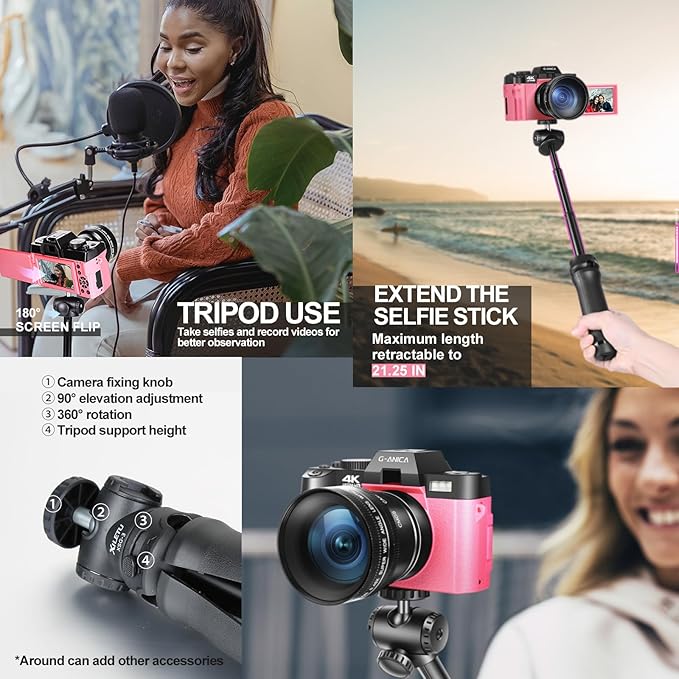 4K Digital Cameras for Photography, 48MP Vlogging Camera for YouTube with Microphone & Tripod Grip, Video Camera with Wide-Angle&Macro Lens, Content Creator Kit & Travel Camera（Pink）