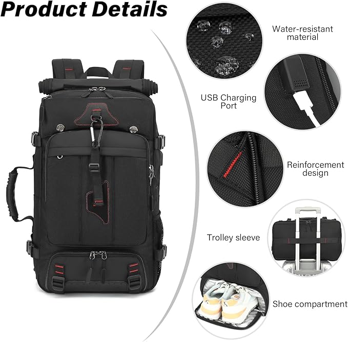 Travel Backpack for Men & Women, 35L Large Backpack Fit for 15 Inch Laptop Durable Convertible Duffle Bag with Shoe Compartment, Wet Pocket