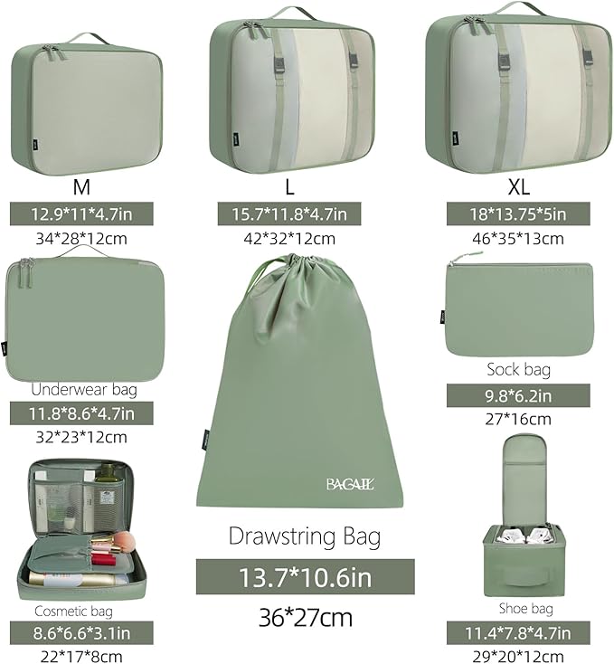 BAGAIL 8 Set Packing Cubes Luggage Packing Organizers for Travel Accessories-Matcha Green