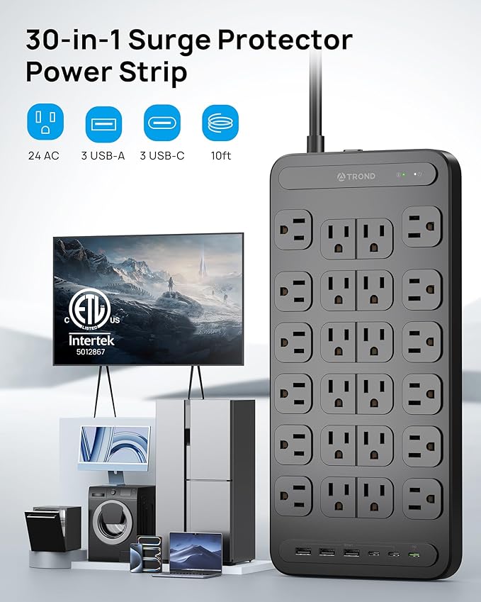 TROND Surge Protector Power Strip, 360° Rotating Flat Plug, 24 AC Outlets, 6 USB Ports Total 37W, 4000 Joules, ETL Listed, 10ft Heavy Duty Extension Cord 1875W for Gaming Dorm Room Essentials Black
