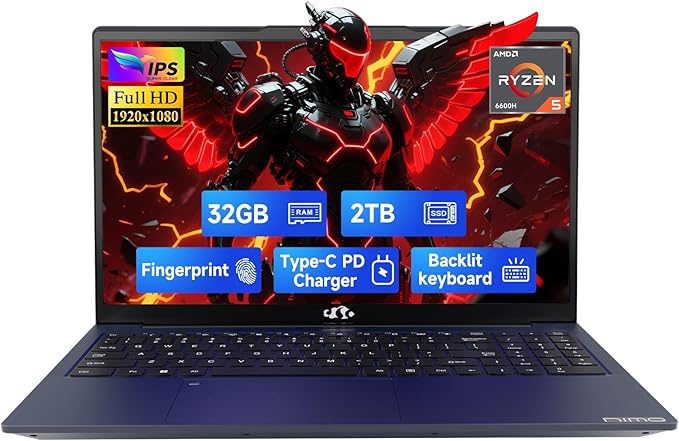 NIMO 15.6" IPS FHD-Gaming-Laptop, 6 Cores AMD Ryzen 5 6600H 32GB DDR5 RAM 2TB SSD (Beat i7-1165G7 up to 4.5GHz) 660M 6nm GPU-Computer with 100W Type-C Backlit Keyboard, Fingerprint