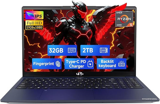 NIMO 15.6" IPS FHD-Gaming-Laptop, 6 Cores AMD Ryzen 5 6600H 32GB DDR5 RAM 2TB SSD (Beat i7-1165G7 up to 4.5GHz) 660M 6nm GPU-Computer with 100W Type-C Backlit Keyboard, Fingerprint
