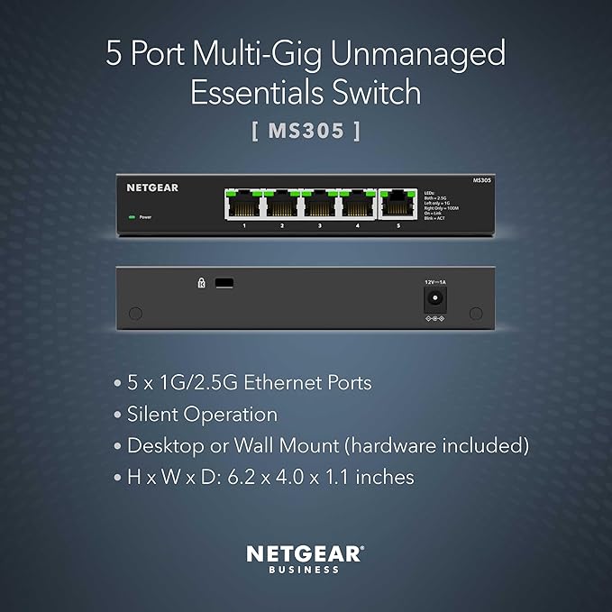 NETGEAR 5-Port Multi-Gigabit Ethernet Unmanaged Essentials Network Switch (MS305) - with 5 x 1G/2.5G, Desktop or Wall Mount, and Limited 3 Year Protection