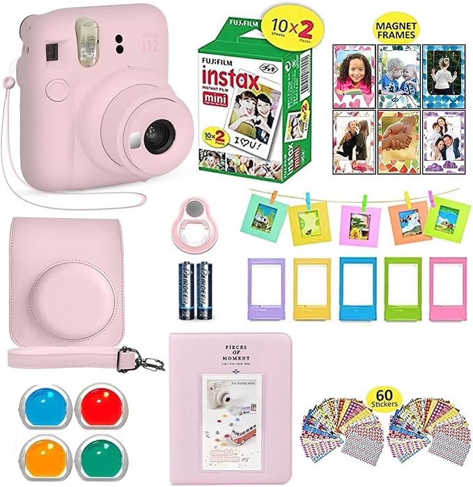 Fujifilm Instax Mini 12 Camera Bundle - Pink, 20 Film Sheets, Carrying Case, Photo Album, Frames, Filters