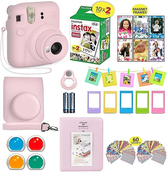 Fujifilm Instax Mini 12 Camera Bundle - Pink, 20 Film Sheets, Carrying Case, Photo Album, Frames, Filters