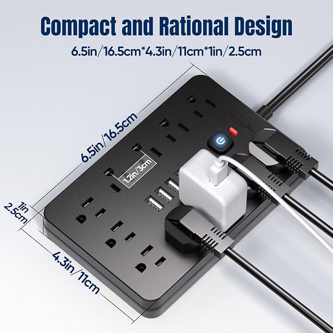 2PCS 5 FT Flat Plug Surge Protector Power Strip,11 Multiple AC Outlets with 6 USB Ports (2 USB C), 5 Feet Extension Cord, 1250W/10A, One Touch Switch Button, 17 in 1 Compact powerstrip