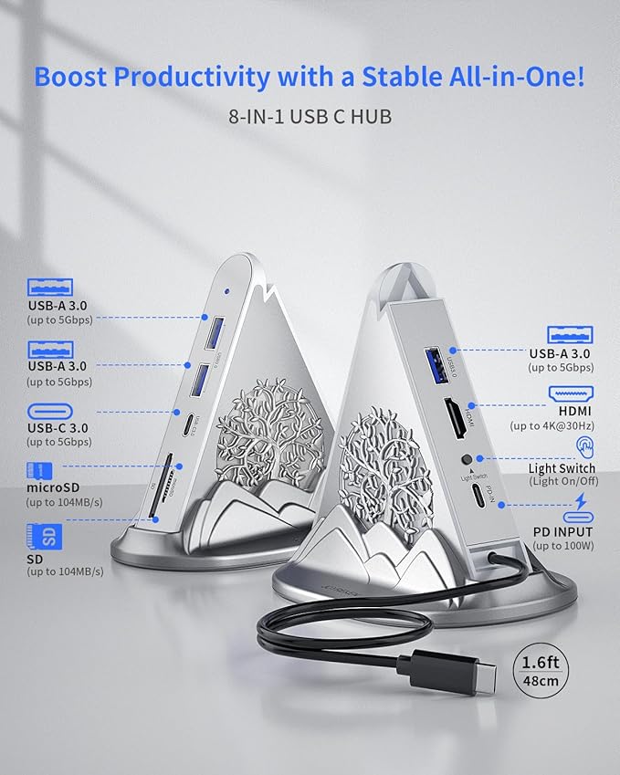 USB C Hub, 8-in-1 Vertical USBC to HDMI Tower Hub for MacBook, iPhone16, iMac, iPad, Surface, XPS, etc. (4K@30Hz HDMI Adapter, 5Gbps USB-Ax3 & USB-Cx1, SD/TF Card Reader, 100W PD, Silver)