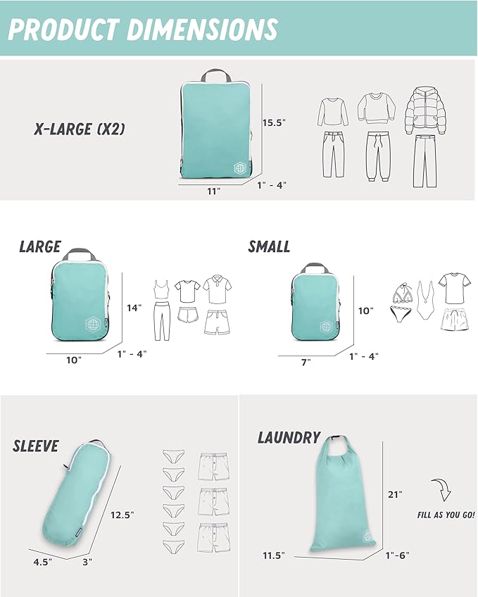 Large Compression Packing Cubes for Travel-Packing Cube Luggage Organizers 7 Piece Set for Checked Luggage-Ultralight, Expandable/Compression Bags by TRIPPED Travel Gear (DustyTeal/White)