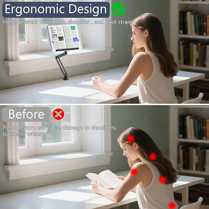 ASIEIT Desk Clamp Book Stand, Aluminum Book Holder Adjustable Height & Angle, Cookbook Stand for Kitchen, Recipe Book Holder with 360° Swivel Base, Book Stand for Reading, Office, Laptop