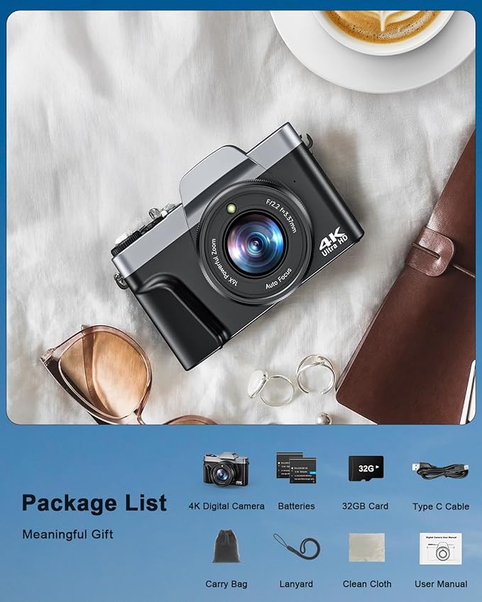 4K Digital Camera for Photography, WiFi 64MP Autofocus Vlogging Camera for YouTube, 3" 180° Flip Screen, 16X Zoom Antishake Compact Point and Shoot Travel Cameras with 32GB SD Card, 2 Batteries, Black