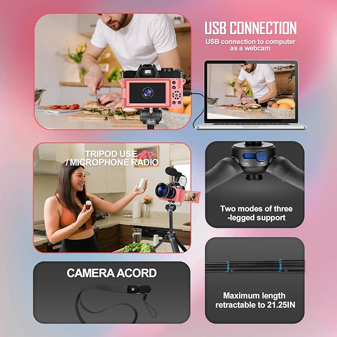 TURE 4K Digital Cameras for Photography, 48MP Vlogging Camera for YouTube with Microphone, WiFi and Tripod Grip, Video Camera with Wide-Angle&Macro Lens, Content Creator Kit & Travel Camera