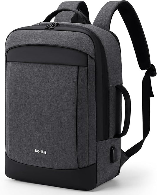HOMIEE 30L Travel Laptop Backpack for Men Women, 15.6 Inch Expandable Backpack with USB Charging Port, Water Resistant Business Work College Bag, Grey