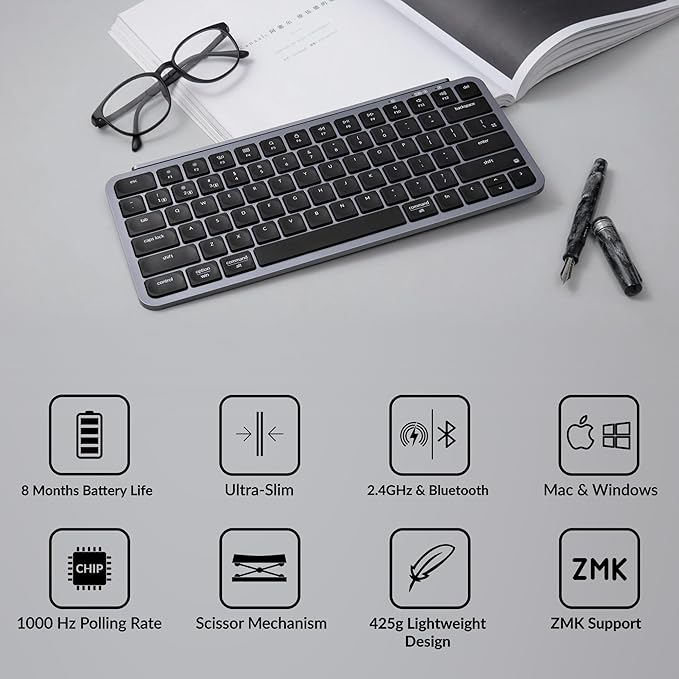Keychron B1 Pro Ultra-Slim ZMK/Launcher Wireless Bluetooth 2.4 GHz/Wired Connection Keyboard for Mac Windows Linux - Gray