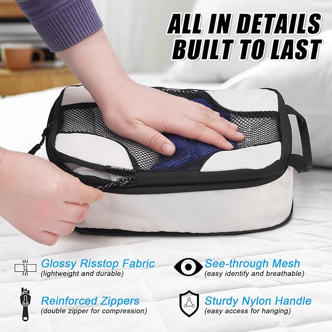 6 Set Compression Packing Cubes Bags for Travel Women, Compression Bags Organizer for Packing Luggage Space Saving, Suitcase Organizer Bags Set for Travel Essentials - Beige