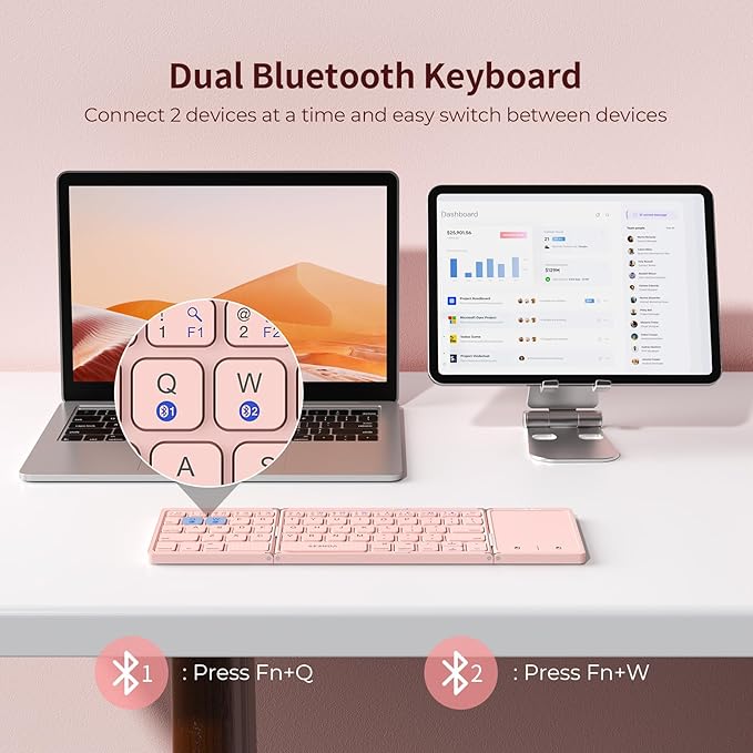 seenda Foldable Bluetooth Keyboard for Travel, Tri-Folding Wireless Rechargeable Multi-Device Portable Keyboard with Touchpad, for Laptop iPad Tablet PC Smartphone Windows iOS Android, Pink