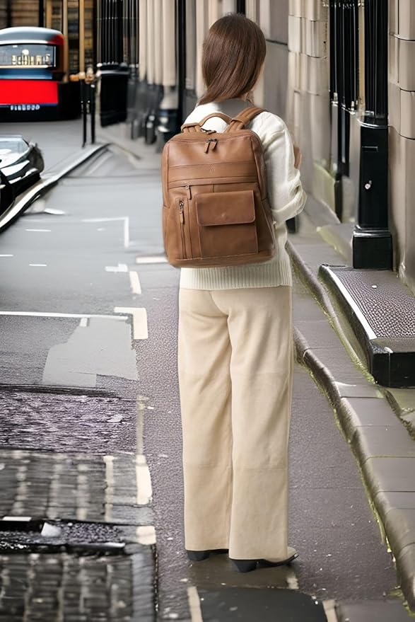 VELEZ Brown Leather Backpack for Men & Women - Large Capacity Laptop Travel Backpack with 17" Sleeve - Vintage Travel Bag with Adjustable Straps, Multiple Pockets & Trolley Sleeve