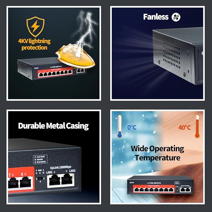 STEAMEMO 8-Port Gigabit PoE Switch | 2×Gigabit Uplinks + 2×1.25G SFP, AI VLAN Mode, 802.3af/at@120W, Unmanaged Metal Plug & Play (Desktop/Wall Mount)