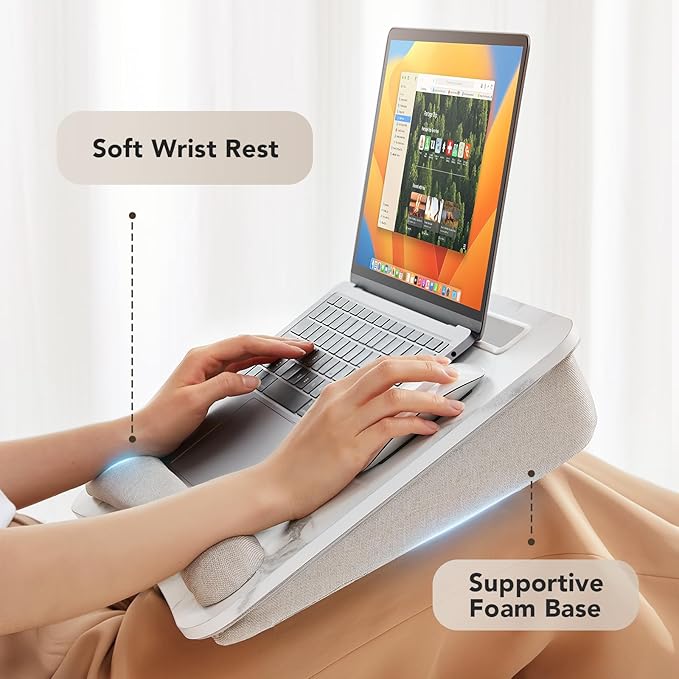 HUANUO Lap Laptop Desk - Portable Lap Desk with Pillow Cushion, Fits up to 15.6 inch Laptop, with Anti-Slip Strip & Storage Function for Home Office Students Use as Computer Stand - Marble