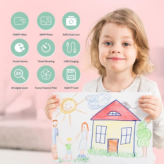 Kids Camera for Girls Age 3-8, Selfie Digital Camera for Kids, Children Toddler Camera for Chritmas Birthday Festival Gifts with Cute Protective Cat Case & 16GB TF Card, Pink