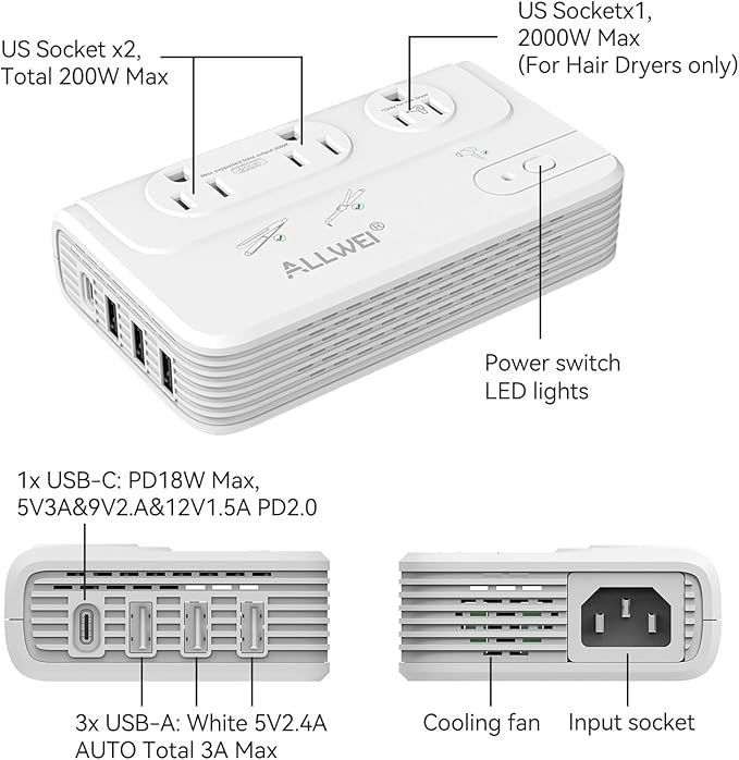 ALLWEI 2000W Travel Voltage Converter 220v to 110v Converter for European Travel Voltage Adapter for Hair Dryer Straightener/Curling Iron, Power Converter Adapter Combo with Type C, E/F, G, I, L