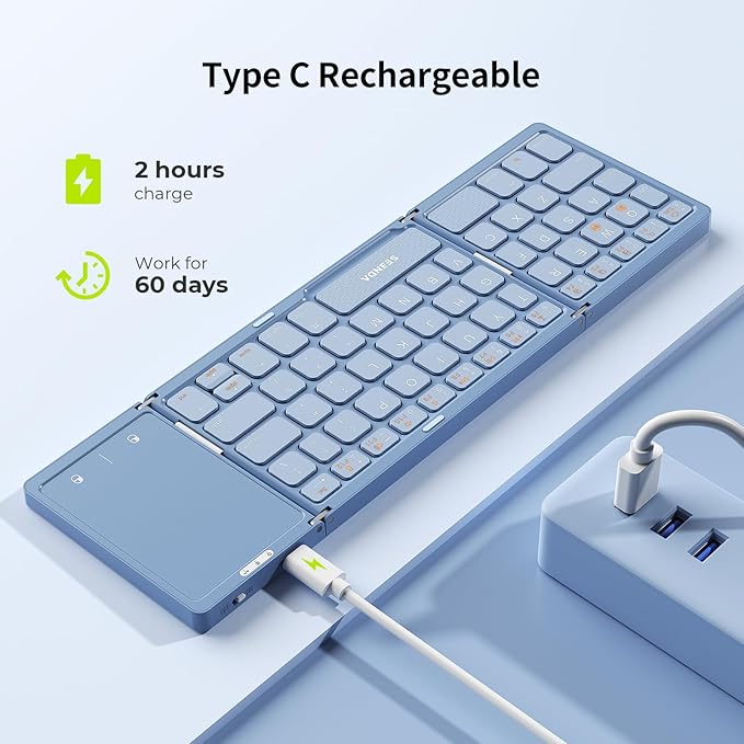 seenda Foldable Bluetooth Keyboard for Travel, Tri-Folding Wireless Rechargeable Multi-Device Portable Keyboard with Touchpad, for Laptop iPad Tablet PC Smartphone Windows iOS Android, Blue