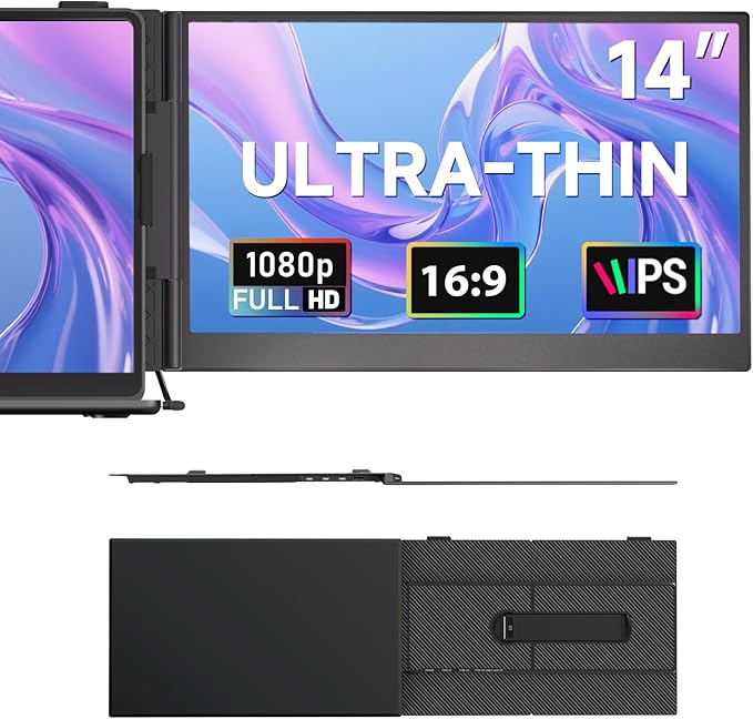 ROYY Laptop Screen Extender 14" Ultra-Thin Portable Dual Monitor FHD 1080P IPS Attachment Extended Extra Screen USB-C HDMI Port Compatible with Wins Mac Dex Chrome Travel Work Fits 13.3"-17" Laptops