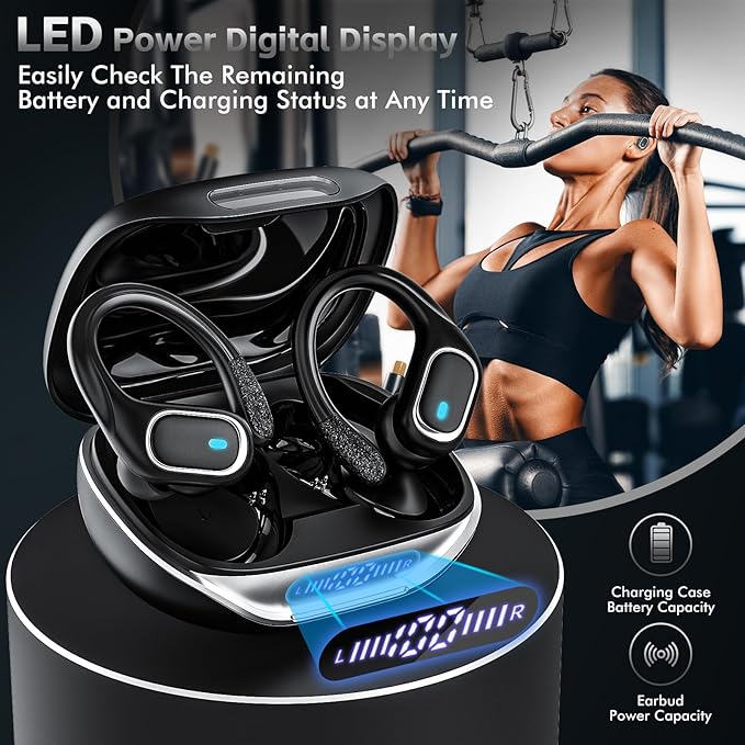 Wireless Earbuds Bluetooth 5.3 Headphones with 80H Playback, IPX7 Waterproof Over Ear Buds with LED Power Display for Sports Running Workouts Black