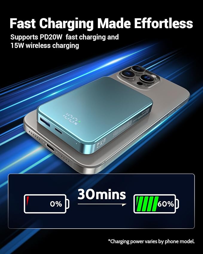 for Magsafe Portable Charger, Aluminum Alloy Small 10000mAh 20W PD Magnetic Power Bank, USB-C in&Out Wireless Battery Pack Phone Charger for iPhone 16/15/14/13/12 Plus Pro Max Series -Blue