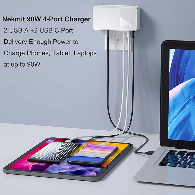 Nekmit USB C Charger, 90W 4 Port Power Delivery PD 3.0 PPS Fast Charger, for MacBook, Dell XPS 13, iPhone 14/14 Pro/13/13 Pro/12/12 Mini/12 Pro/12 Pro Max, Galaxy S22/S21/S20/S10, iPad Pro, Pixel