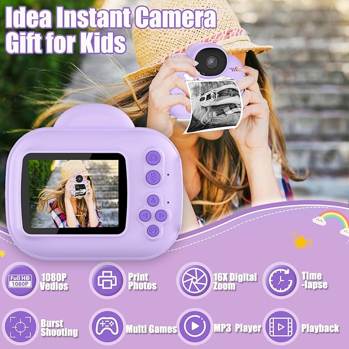 Kids Camera Toys, Instant Print Camera for Kids, Toddler Cameras Christmas Birthday Gifts for Girls Boy,1080P HD Digital Cameras, Portable Travel Toy for 4 5 6 7 8 9 10 Year Girl with SD Card (Purple)